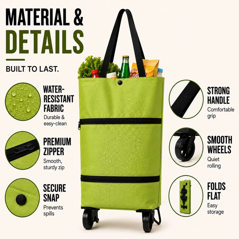 SpaceRoll™ Foldable Rolling Grocery Tote for Heavy Bags & Easy Carrying