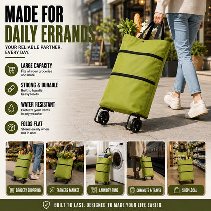 SpaceRoll™ Foldable Rolling Grocery Tote for Heavy Bags & Easy Carrying