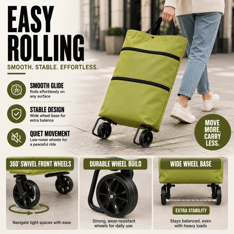 SpaceRoll™ Foldable Rolling Grocery Tote for Heavy Bags & Easy Carrying