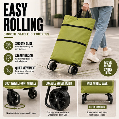 SpaceRoll™ Foldable Rolling Grocery Tote for Heavy Bags & Easy Carrying