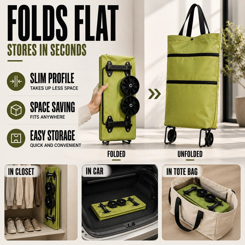 SpaceRoll™ Foldable Rolling Grocery Tote for Heavy Bags & Easy Carrying
