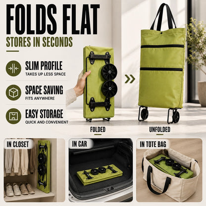 SpaceRoll™ Foldable Rolling Grocery Tote for Heavy Bags & Easy Carrying